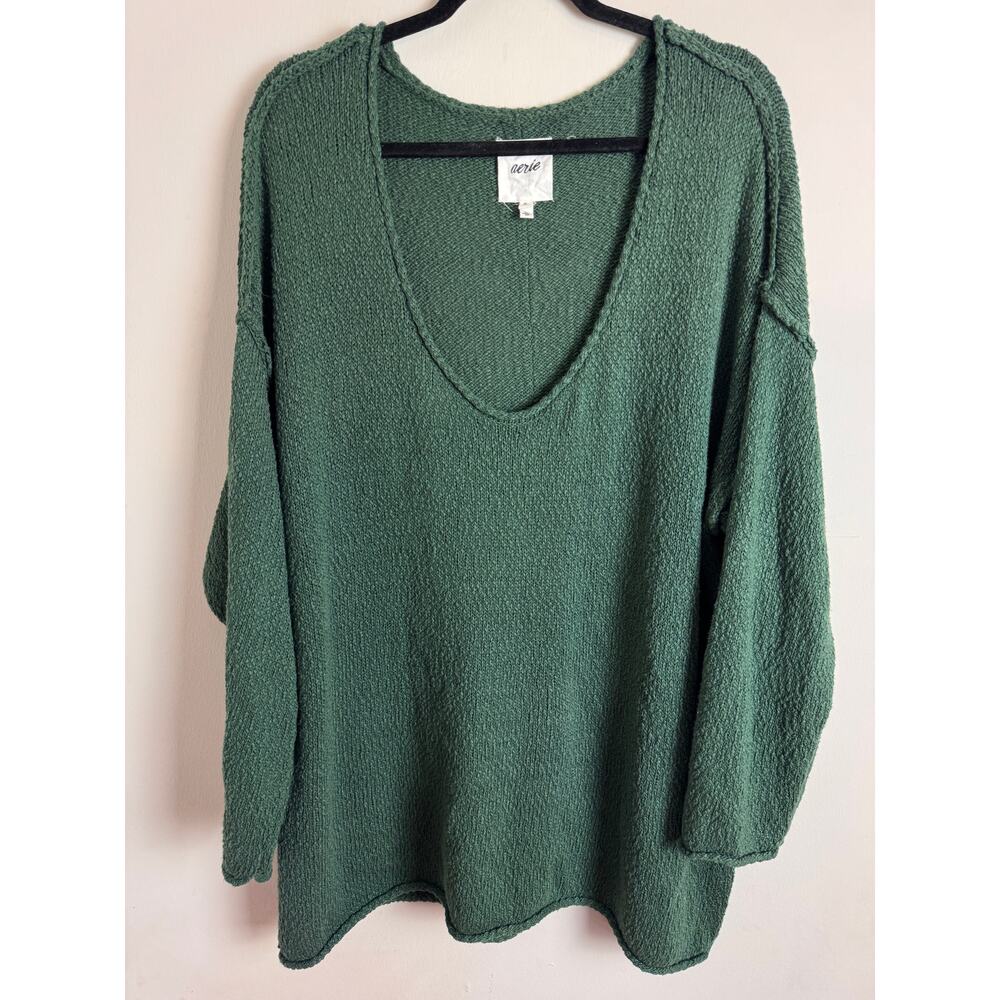 aerie Olive Green Textured V-Neck Sweatshirt
